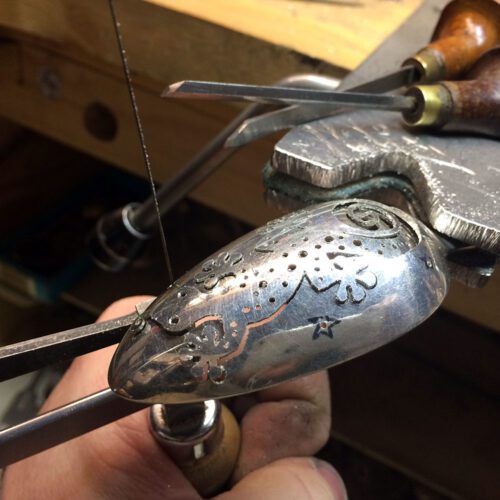 handmade and recycled spoon gecko brooch