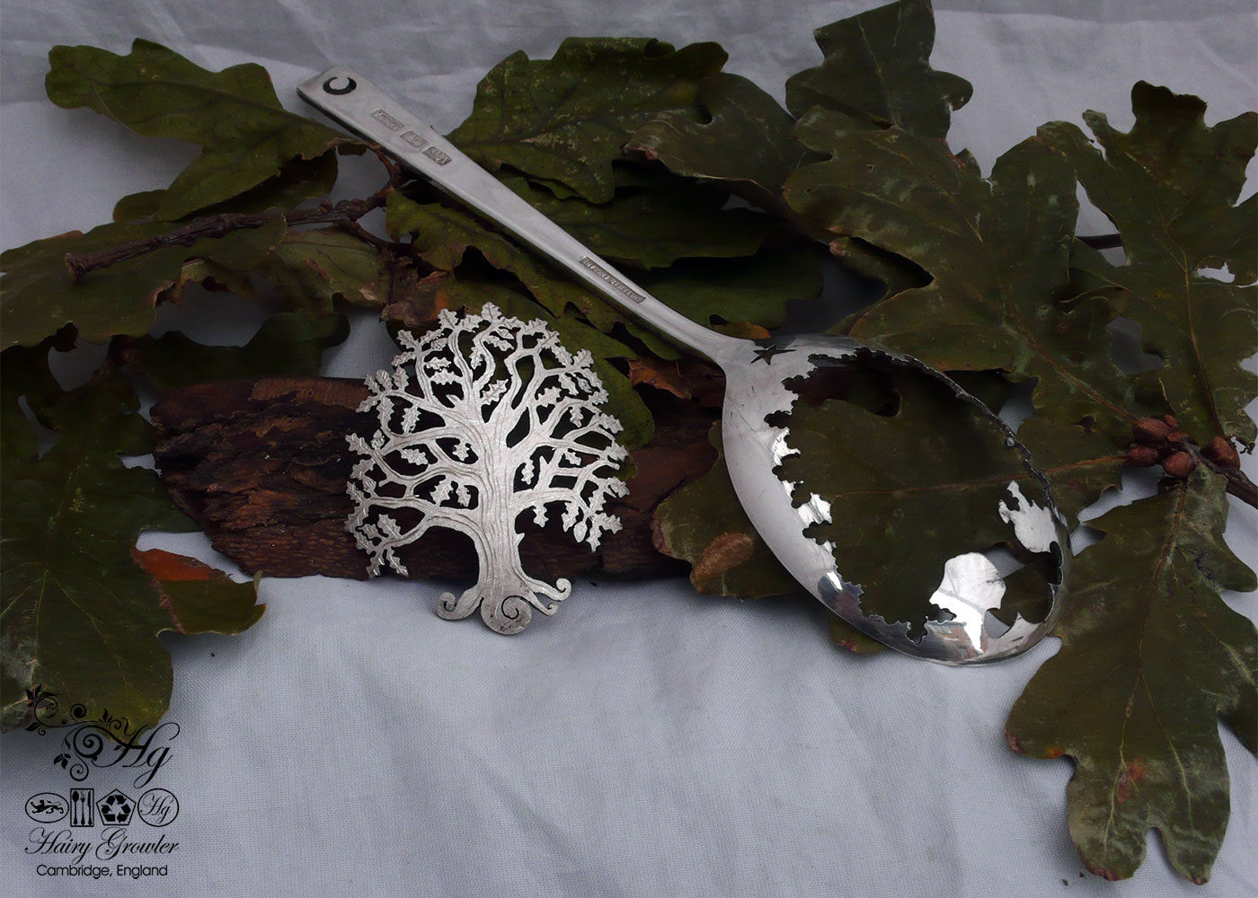 handcrafted and recycled spoon oak tree brooch