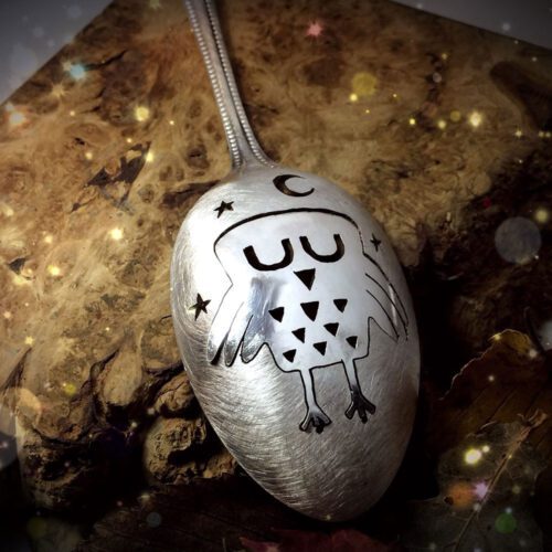 hairy growler hand crafted and recycled spoon owl brooch