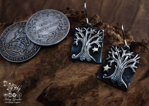 Autumn tree earrings - handmade and Recycled sterling silver shillings