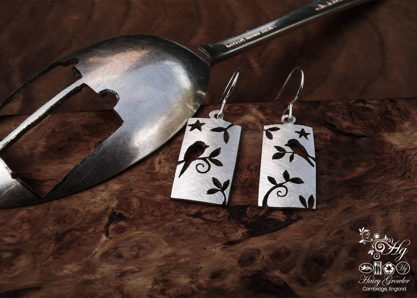 handcrafted and recycled bird in the trees earrings made from old antique spoons