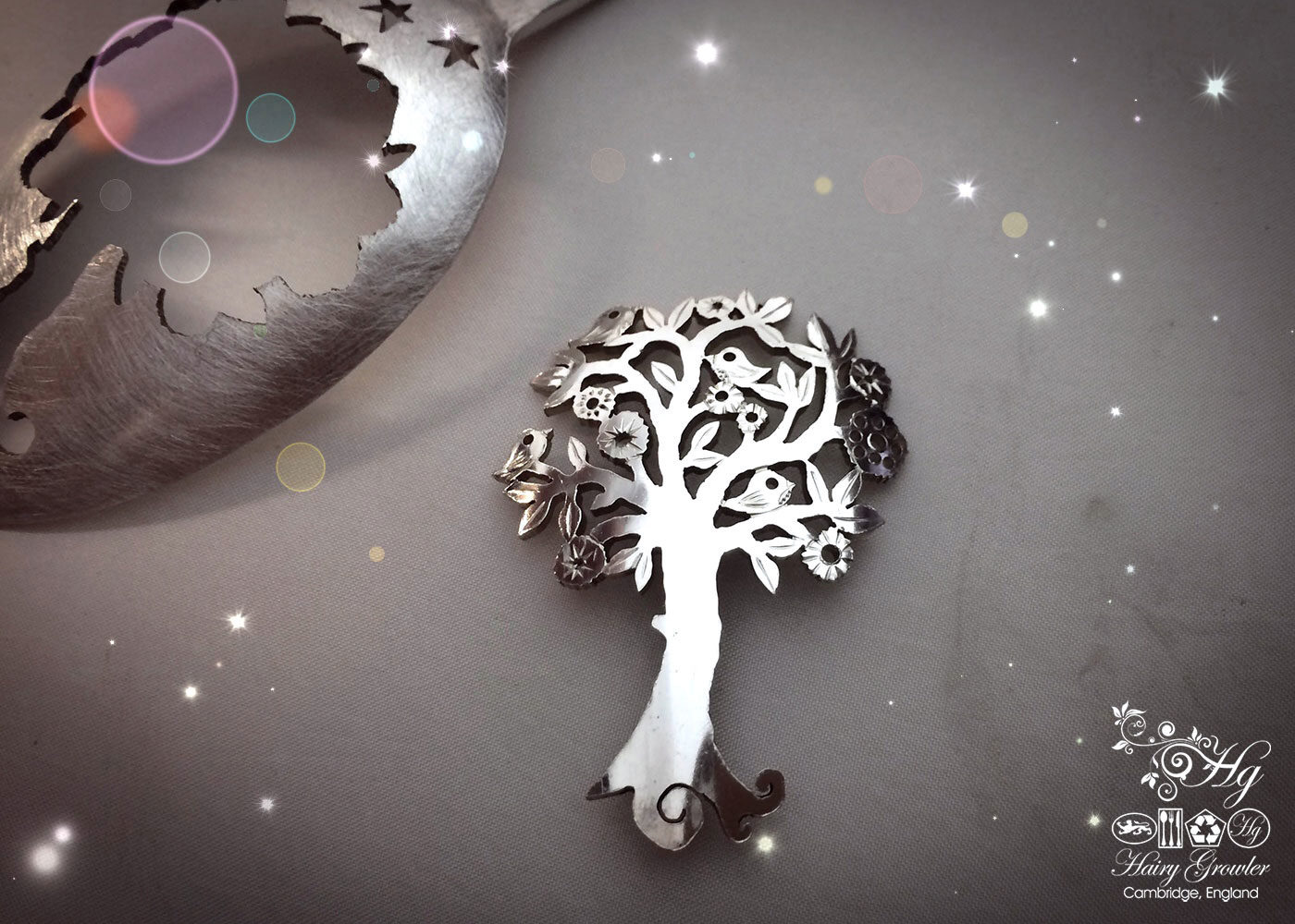 handmade and upcycled spoon bird song tree brooch
