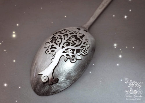 handcrafted and recycled spoon birdsong tree brooch