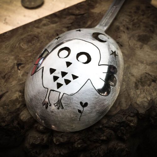 hairy growler hand crafted and recycled spoon owl brooch
