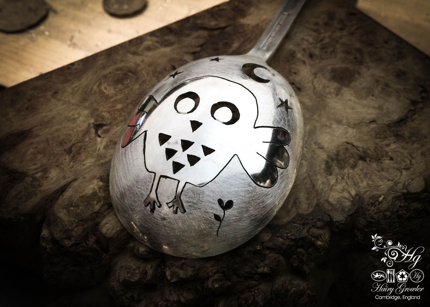 hairy growler hand crafted and recycled spoon owl brooch