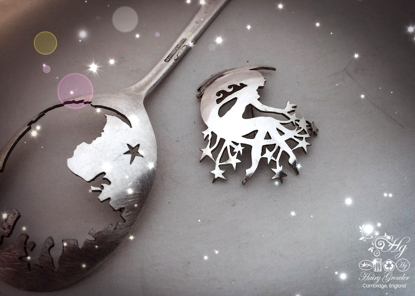 handmade and repurposed spoon star and moon girl brooch