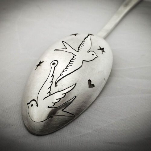 handcrafted and recycled flying swallow earrings made from old antique spoons