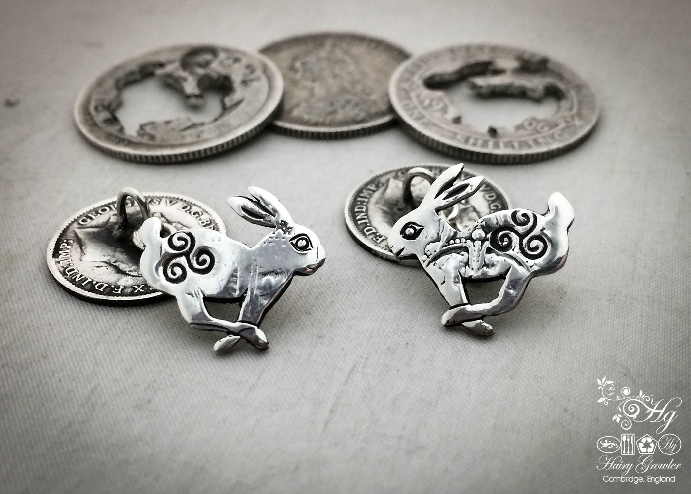 March hare cufflinks handcrafted and recycled from sterling silver shillings and threepence coins