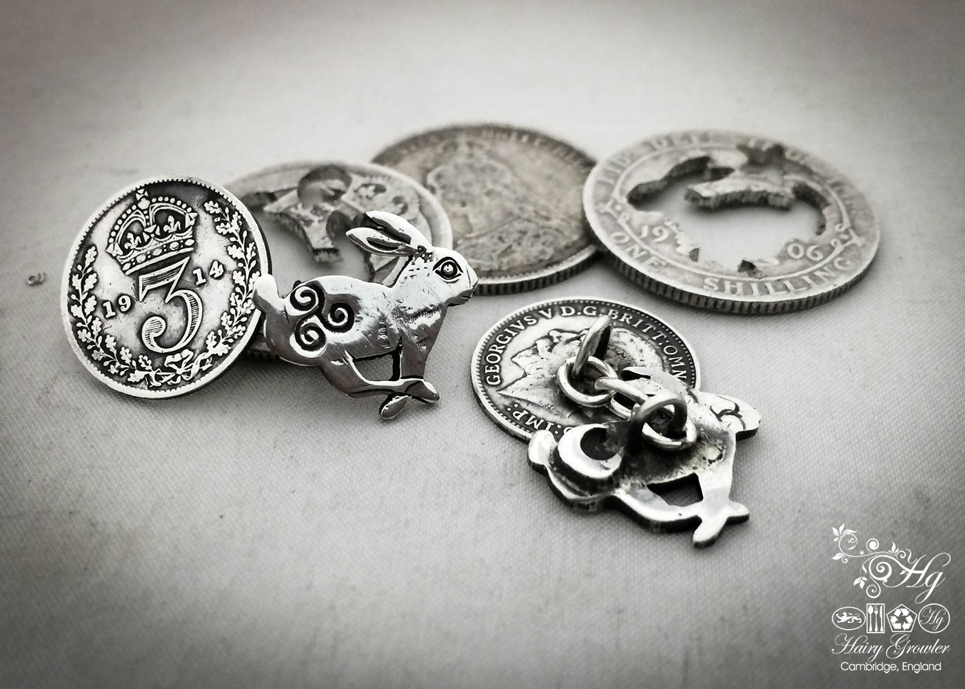 March hare cufflinks handcrafted and recycled from sterling silver shillings and threepence coins