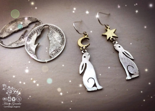 handmade and recycled silver Georgian shilling hare earrings made in Cambridge