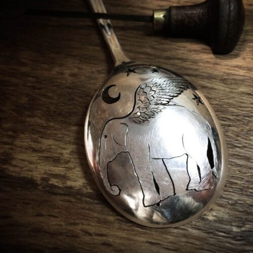 handcrafted and recycled spoon elephant brooch