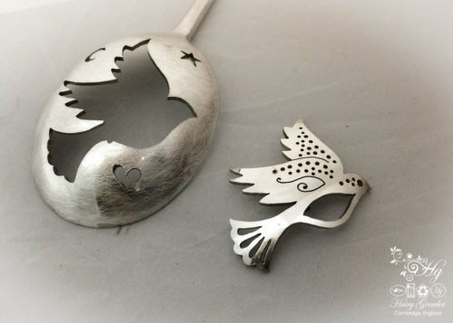 handmade and repurposed peace dove spoon brooch jewellery