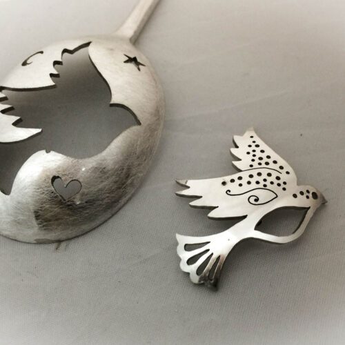handmade and repurposed peace dove spoon brooch jewellery