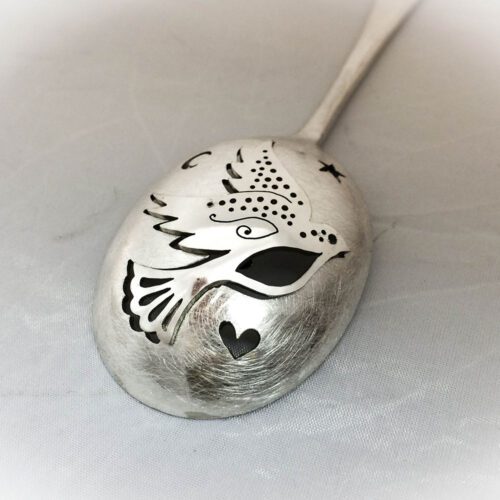 handcrafted and recycled peace dove spoon brooch