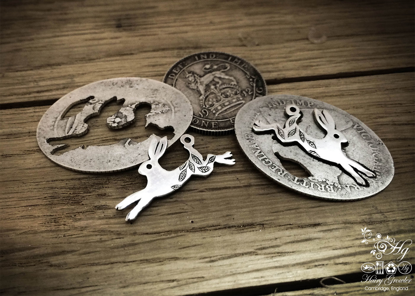 handmade and recycled silver Georgian shilling hare earrings made in Cambridge