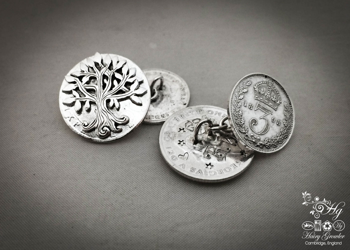 Hairy Growler Jewellery - Silver Tree collection. Tree cufflinks handcrafted and recycled from sterling silver sixpence and threepence coins