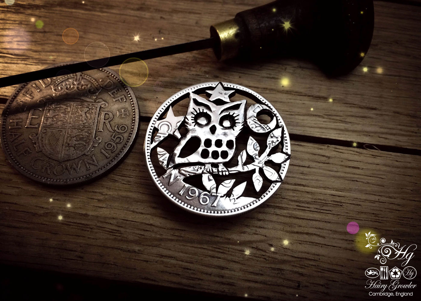 Handcrafted and recycled owl coin brooch