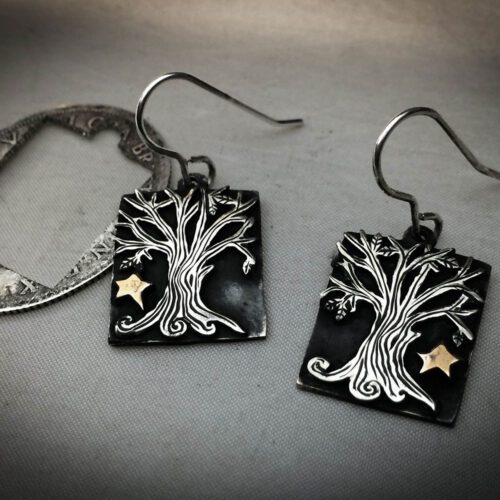 handcrafted and recycled silver Georgian shilling tree-of-life earrings made in Cambridge