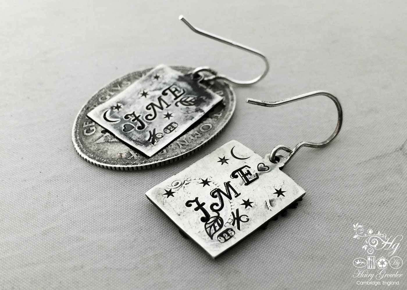 handcrafted and recycled silver Georgian shilling tree-of-life earrings made in Cambridge