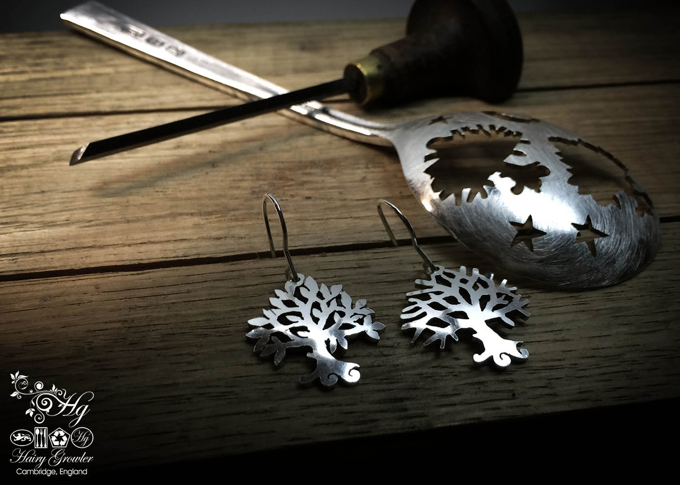handcrafted and recycled antique spoon tree of life earrings