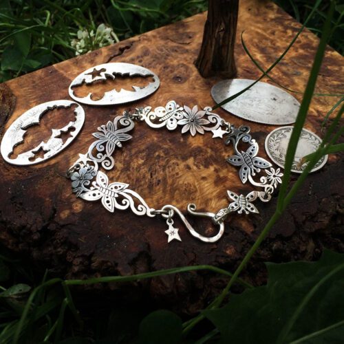 Butterfly bracelet individually handcrafted and recycled from an old Victorian silver coins