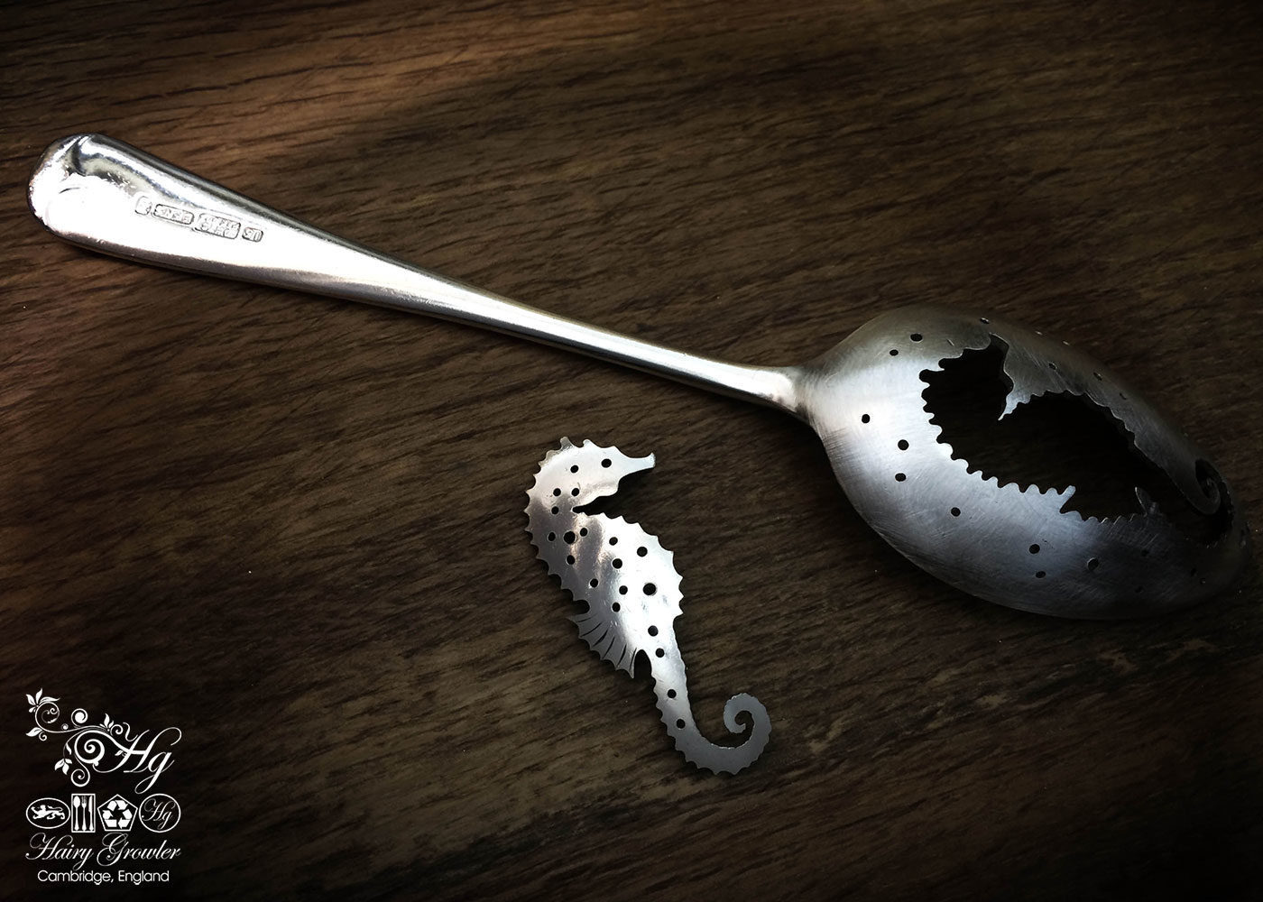 handmade and upcycled spoon seahorse brooch