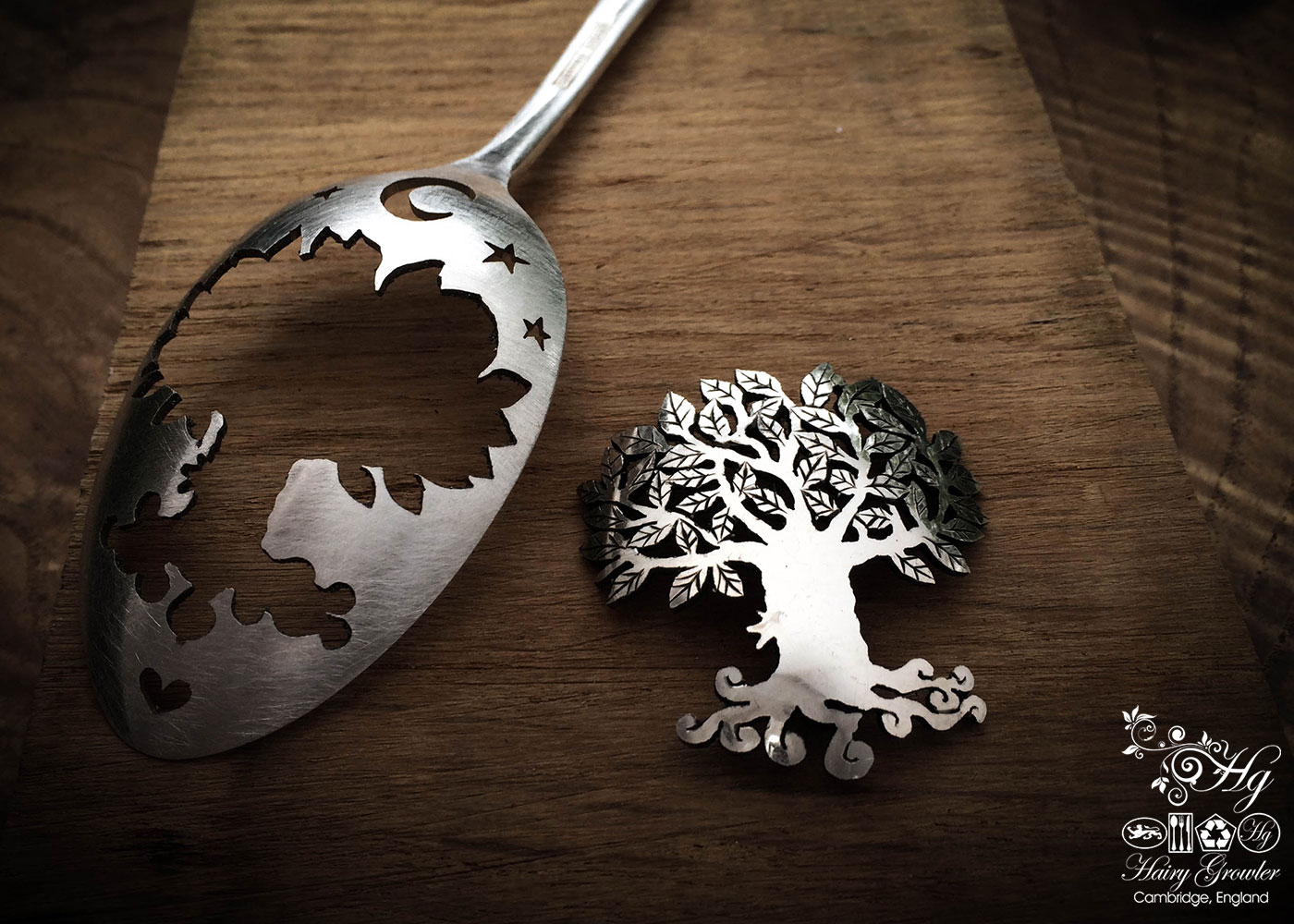 handmade and upcycled spoon tree-of-life brooch made from spoon