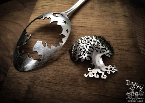 handmade and upcycled spoon tree-of-life brooch made from spoon