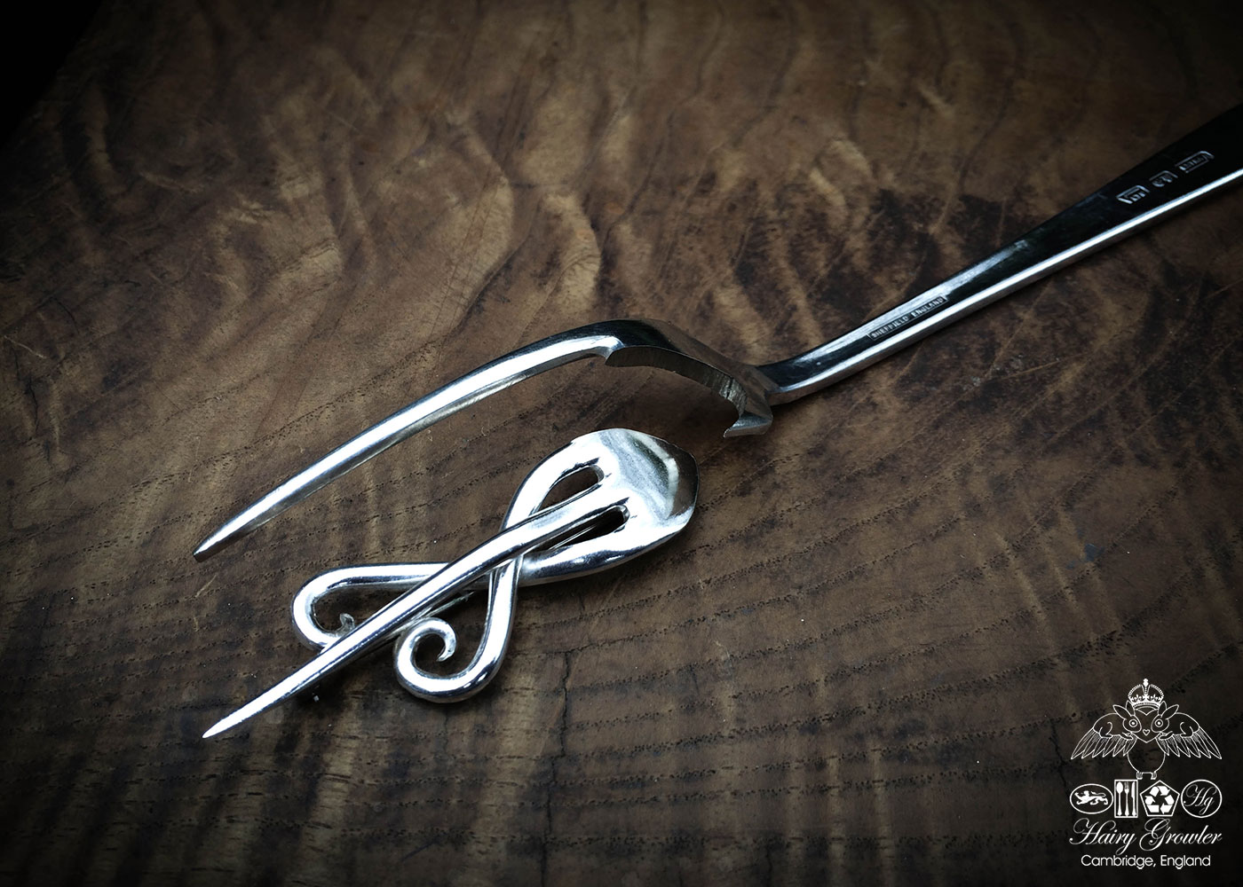 handcrafted and recycled twisted fork brooch