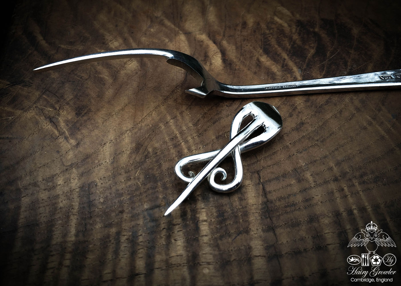 handcrafted and recycled twisted fork brooch