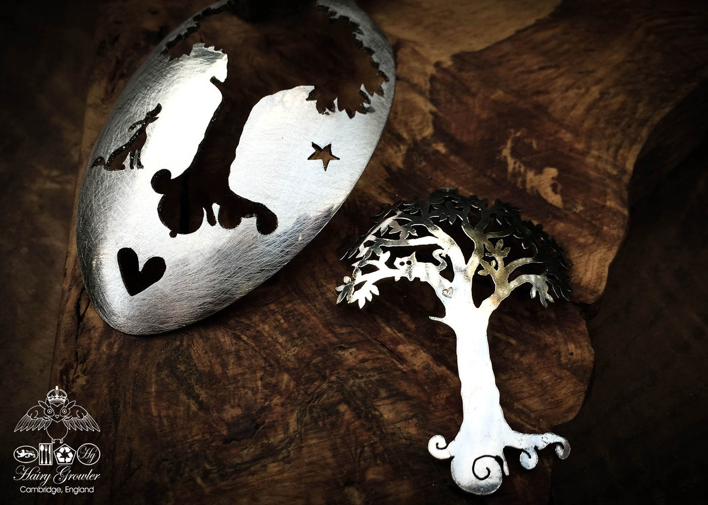 handmade and recycled spoon cat-in-the-tree brooch