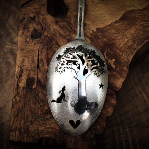 handmade and recycled spoon cat-in-the-tree brooch