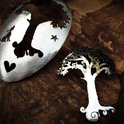 handmade and recycled spoon cat-in-the-tree brooch
