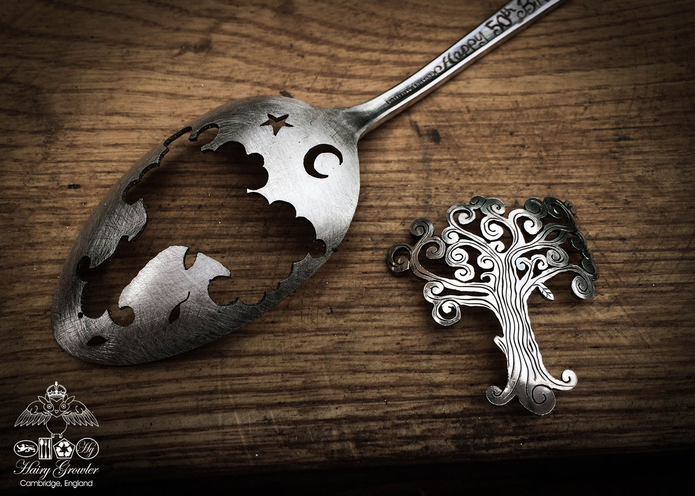 handcrafted and recycled spoon Fibonacci spiral tree brooch