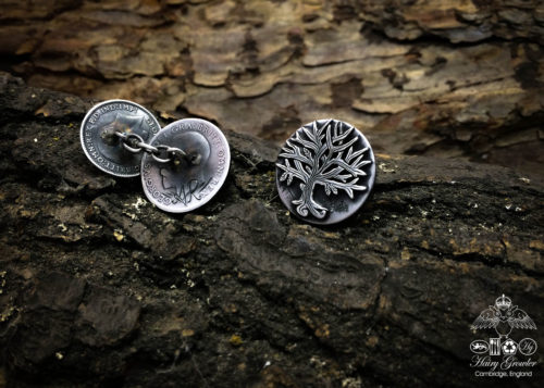 tree-of-life cufflinks handcrafted and recycled from sterling silver shillings and threepence coins