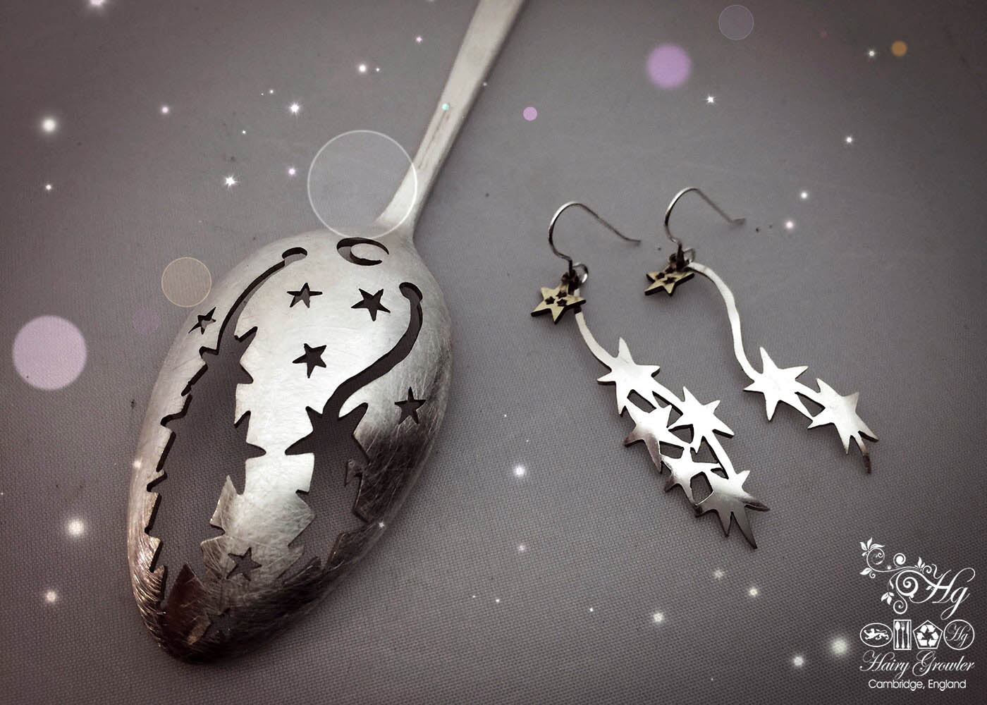 handmade and upcycled spoon star-burst earrings