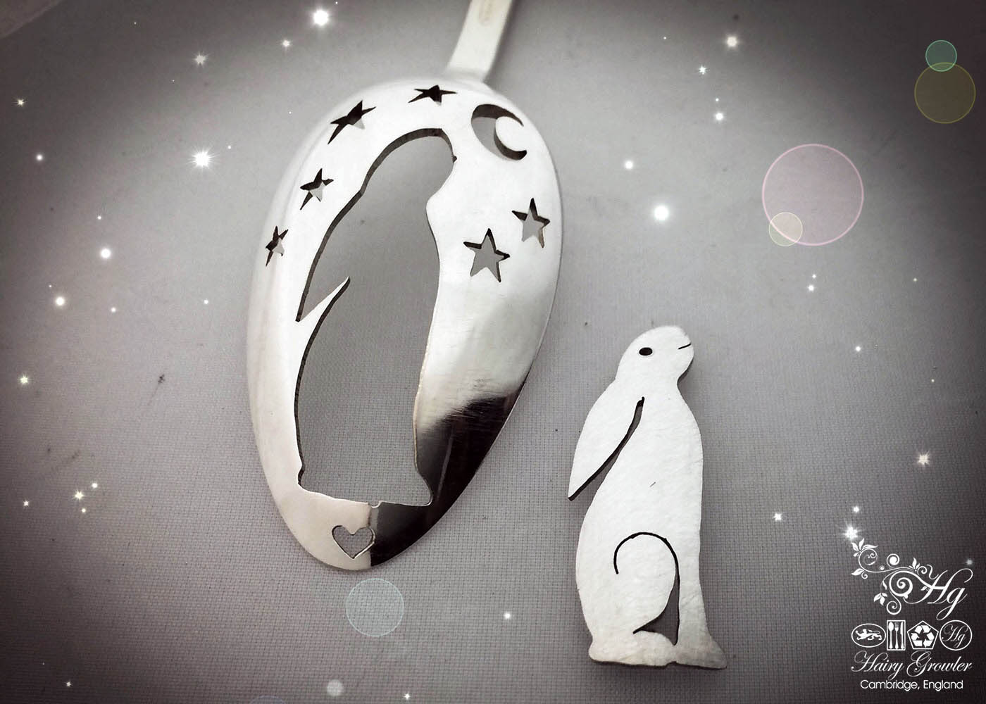 handmade and upcycled spoon moon-gazing-hare brooch