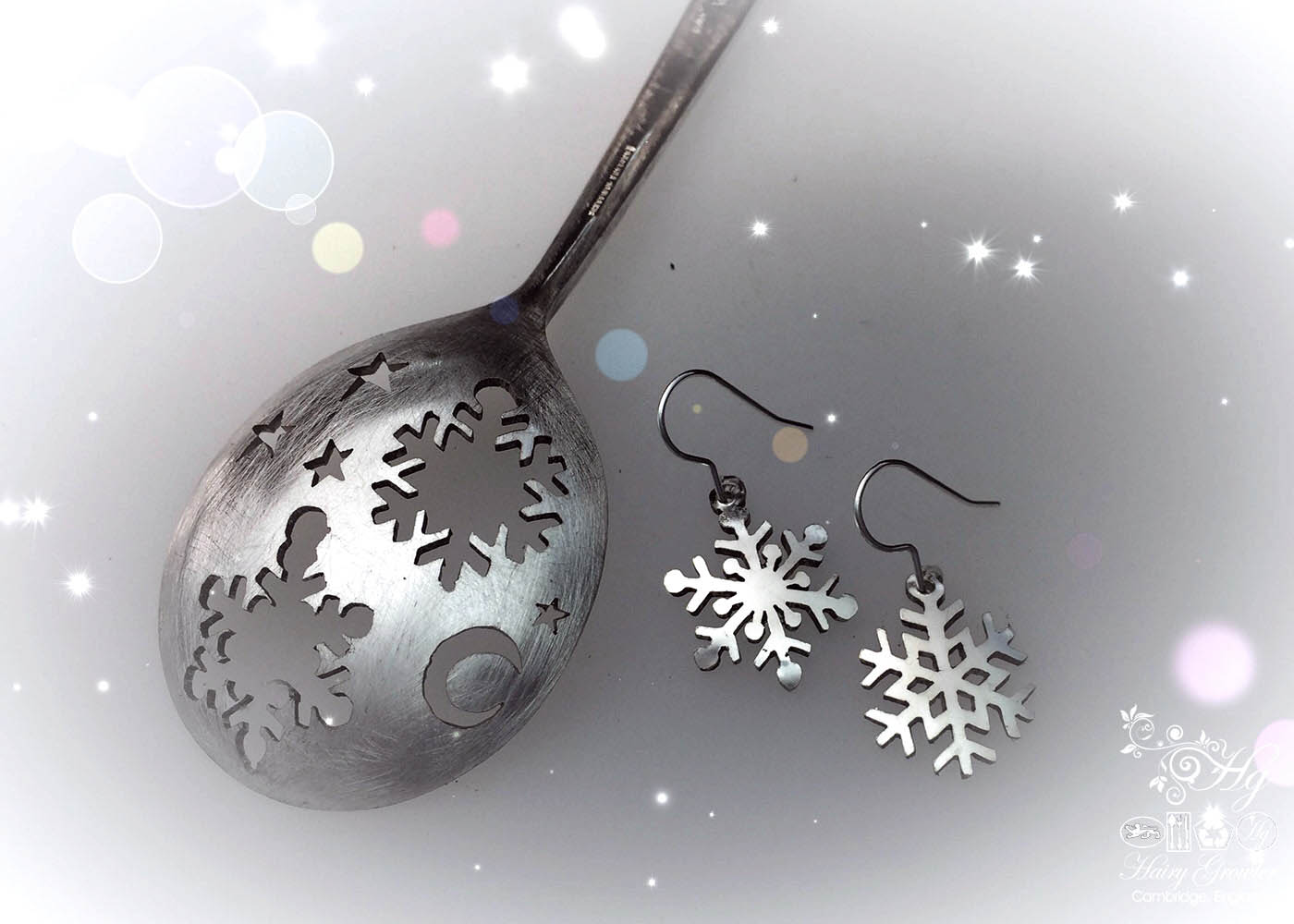 handcrafted and recycled antique spoon snowflake earrings