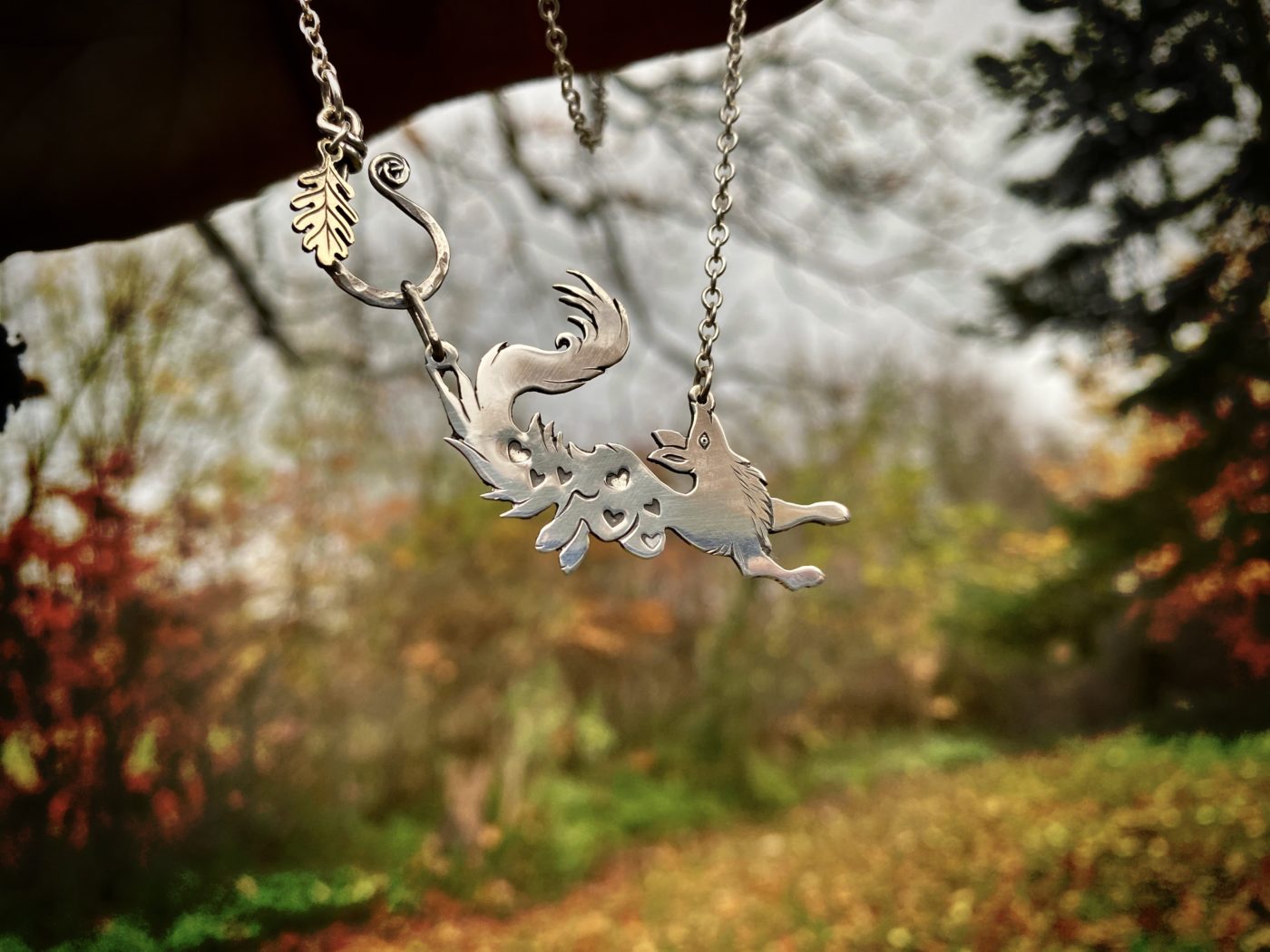 fox necklace dancing vixen hand crafted from recycled, upcycled repurposed ethical silver coins
