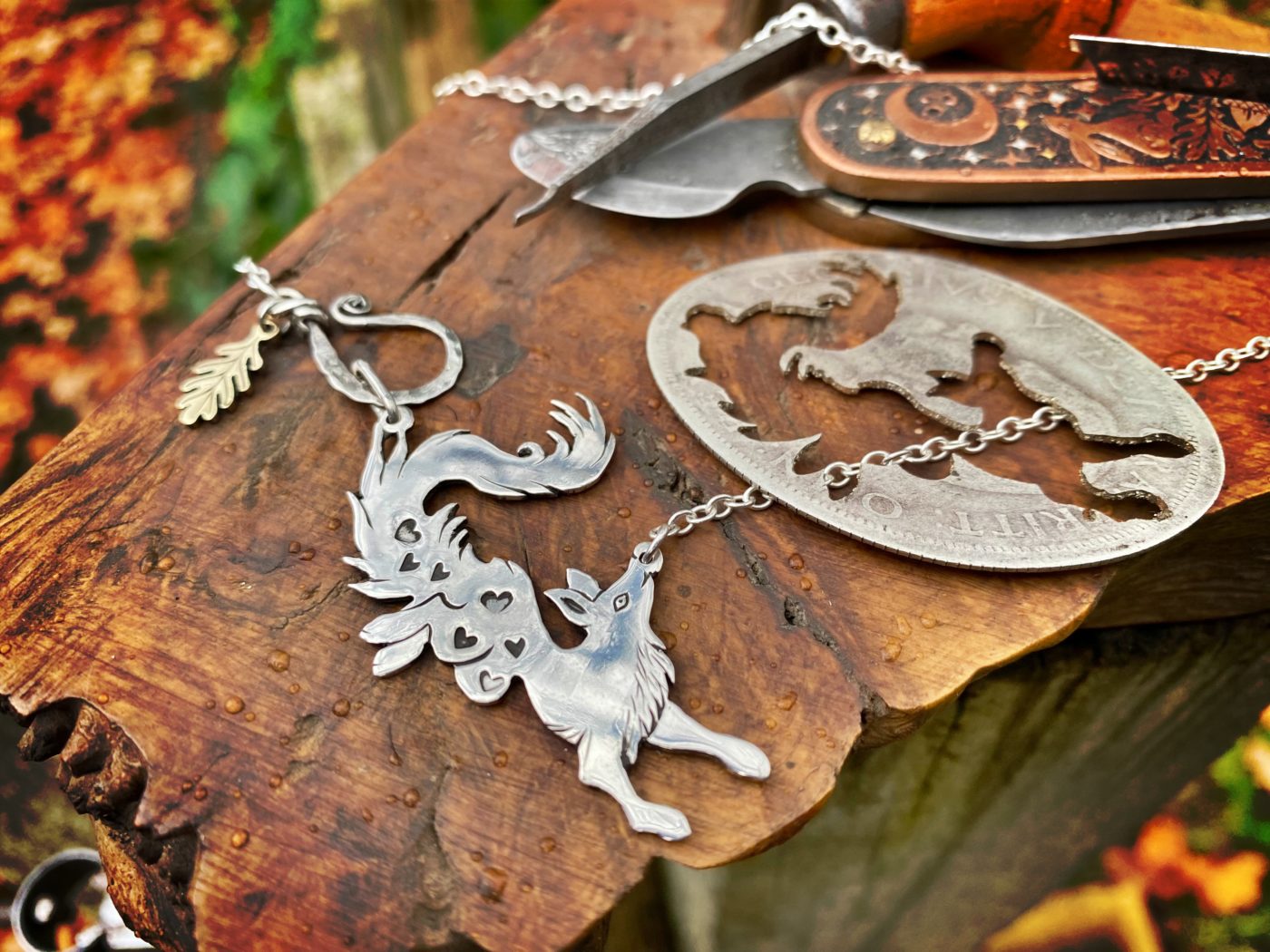 fox necklace dancing vixen hand crafted from recycled, upcycled repurposed ethical silver coins