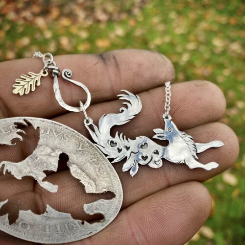fox necklace dancing vixen hand crafted from recycled, upcycled repurposed ethical silver coins