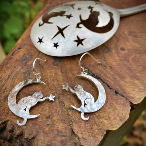 handmade and upcycled spoon cat earrings