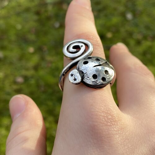 handmade and upcycled silver fork ladybird ring