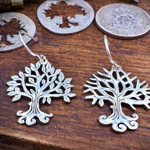 tree earrings handmade and upcycled silver Georgian shilling tree of life earrings made in Cambridge