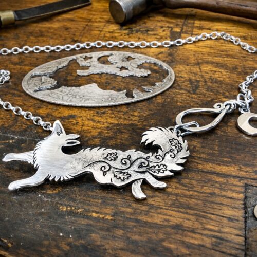 Vixen necklace beautifully handcrafted from a recycled silver coin. Unique and original nature inspired jewellery made in an independent ethical jewellers studio workshop in Cambridge