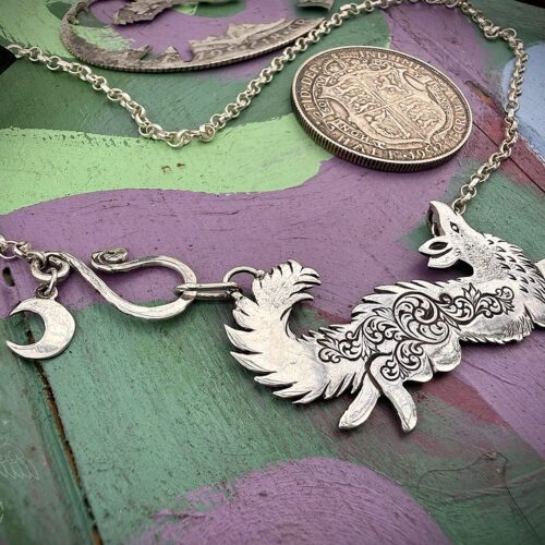 Vixen necklace beautifully handcrafted from a recycled silver coin. Unique and original nature inspired jewellery made in an independent ethical jewellers studio workshop in Cambridge