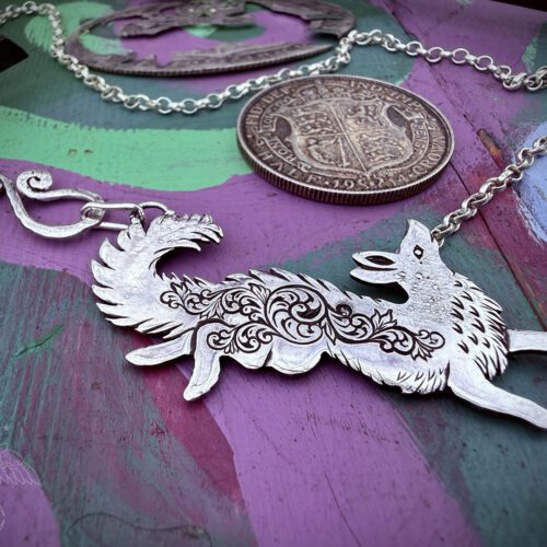 Vixen necklace beautifully handcrafted from a recycled silver coin. Unique and original nature inspired jewellery made in an independent ethical jewellers studio workshop in Cambridge