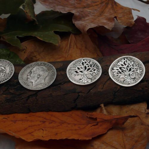 handcrafted and recycled silver Georgian shilling tree of life earrings made in Cambridge