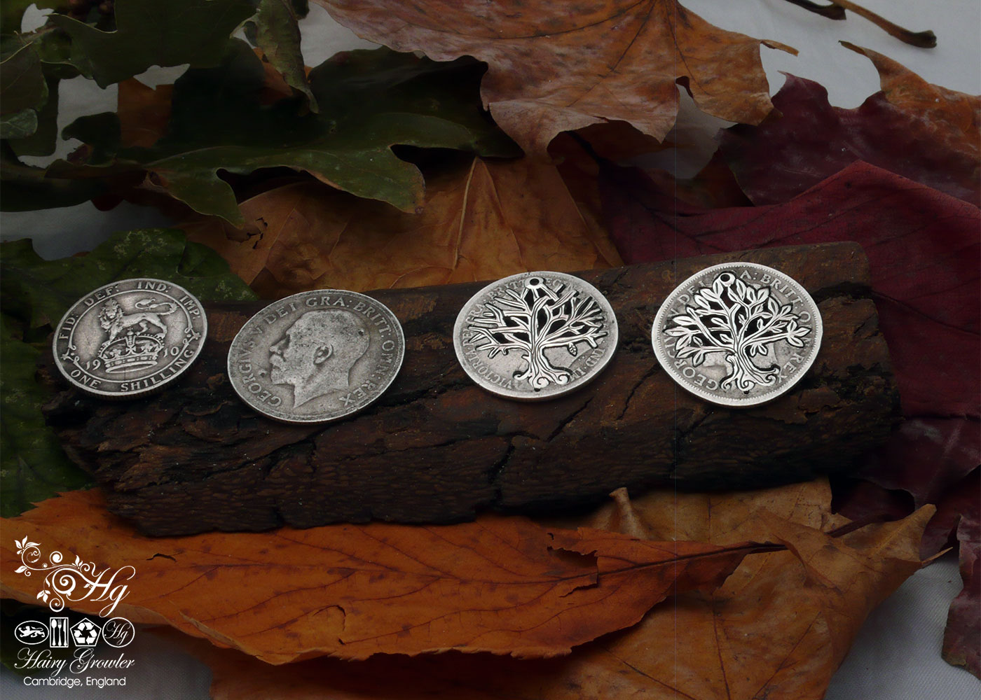 handcrafted and recycled silver Georgian shilling tree of life earrings made in Cambridge