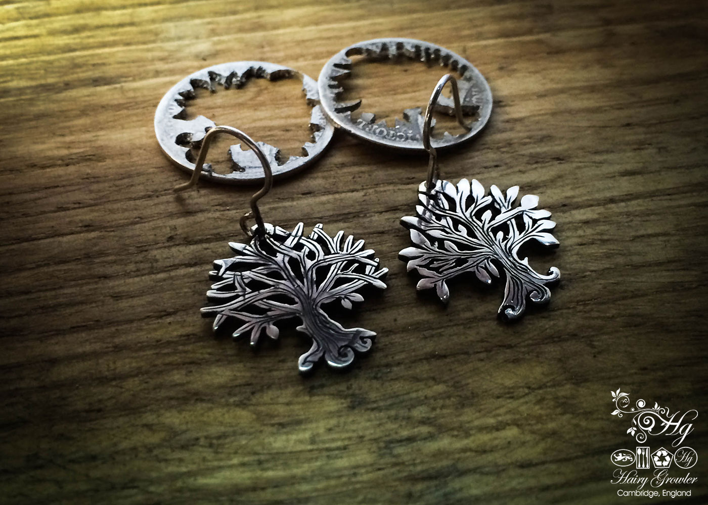 handmade and upcycled silver Georgian shilling tree of life earrings made in Cambridge